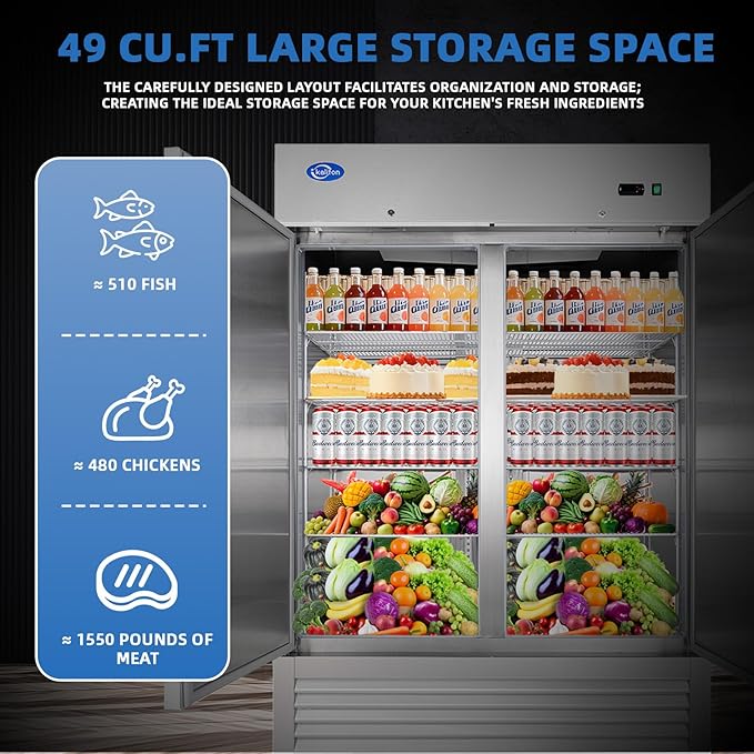 54" Commercial Refrigerator with 2 Solid Door, 49 Cu.ft Reach-in Stainless Steel Refrigerator, Fan Cooling Refrigerator for Restaurant, Bar, Home, Shop