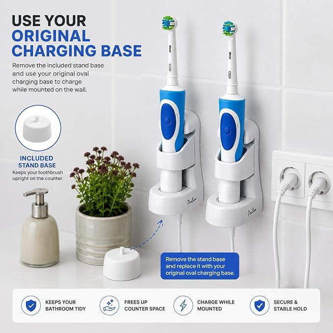 Perlin Electric Toothbrush Holder Wall Mount No Drilling Self Adhesive - Image 4