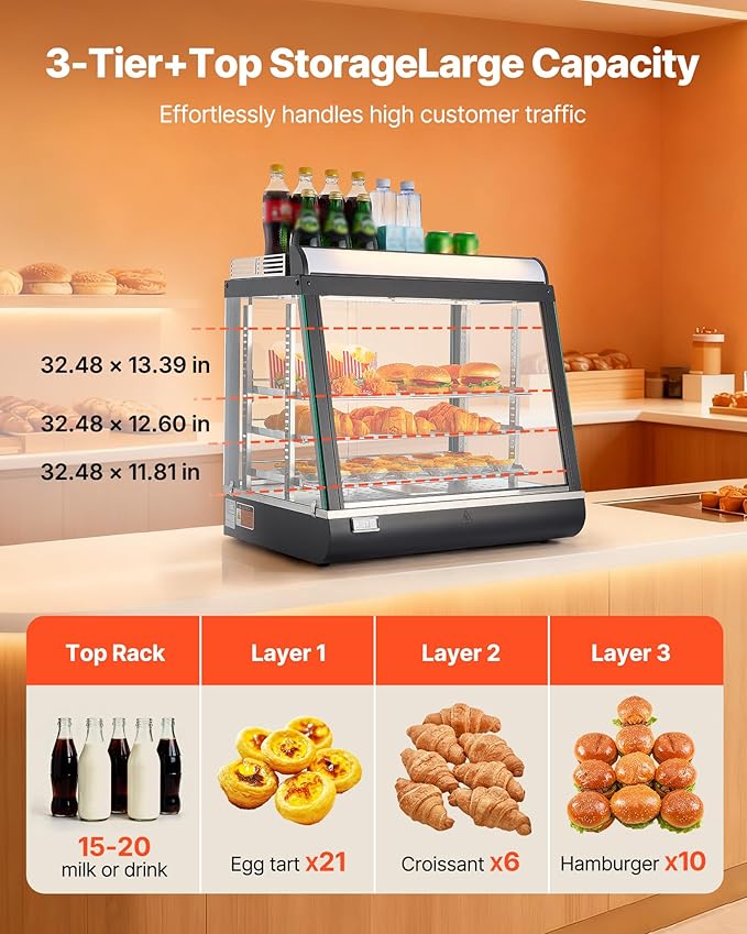 VEVOR 3-Tier Commercial Food Warmer Display, 1200W Food Display Warmer with LED Light, Top Storage and Adjustable Shelves, 86℉~185℉ Steam Heating, 75L for Hamburger, Pizza, Bread, Fried Chicken