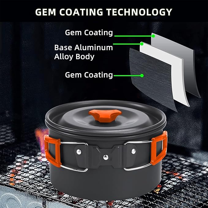 aiGear Camping Cooking Set Cookware Mess Kit with Storage Bag Pot Pan and Teapot Set Camping Accessories for Outdoor Camping Hiking Picnic Portable and Lightweight Aluminum Color Green,Black,Orange