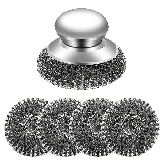 5Pcs Steel Wool Scrubber with Handle - Stainless Steel Scouring Pads Set for Cast Iron, Pans, Grill, Sink Cleaning(1 Scrubber+4 Pads)