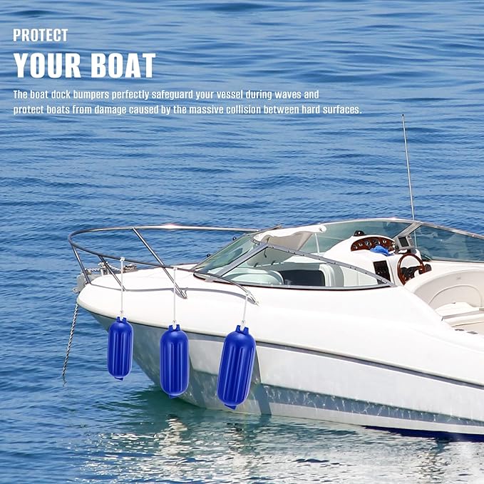 8.5 x 27 Inches Twin Eyes Ribbed Boat Fenders 4 Pack Boat Fenders Bumpers with Lines and Pump to Inflate for Docking