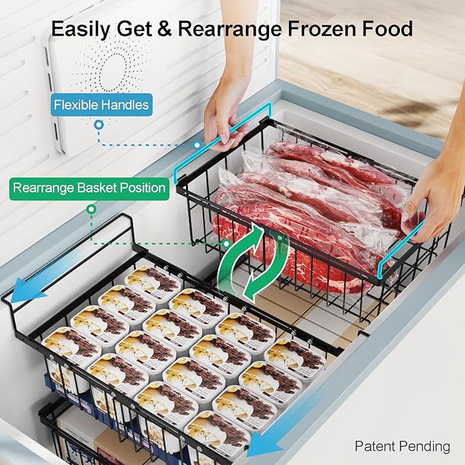 iSPECLE Deep Freezer Organizer Bins for 10 to 20 Cu.Ft, 3 Pack Stackable & Hanging Baskets, Expandable Metal Wire Storage System, Fits 17.5"-22.6" Width, Chest Freezer Only, Black