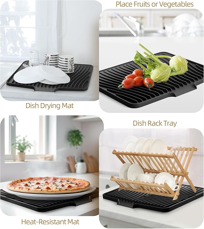 Fuyit Silicone Dish Drying Mat with Raised Drain Lip, Inclined Design, 16" x 13" Heat Resistant Non-Slip Mat for Kitchen Counter or Sink (Black）