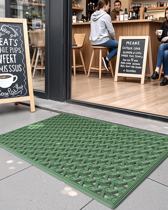 DEXI Front Door Mat Outside Entrance Rubber 24x36, Welcome Floor Doormat Heavy Duty Non Slip, Dirt Trapper Waterproof Exterior Entry Mats All Weather for Patio Entryway Drainage, Green