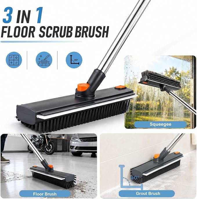 Floor Scrub Brush with Long Handle, 3 in 1 Floor Scrubber, Heavy Duty Stiff - Image 2