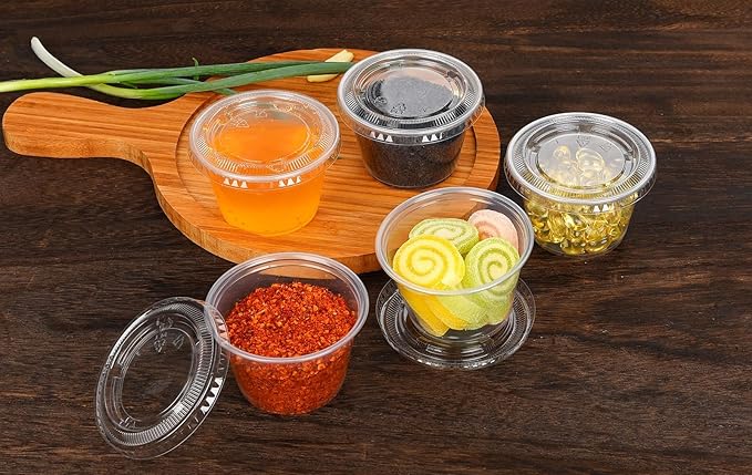 EDI [4 OZ, 100 Sets] Clear Disposable Plastic Portion Cups with Leakproof Lids for Condiment and Dipping Sauce | Jello Shot/Souffle Cups| BPA Free | Recyclable