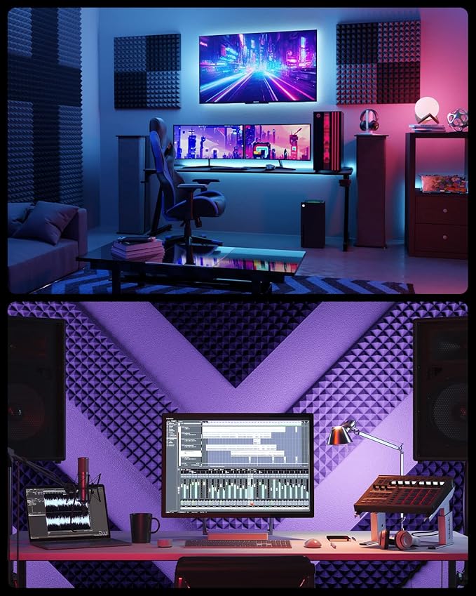 Sonicism Acoustic Panels Self-Adhesive Pyramid 48 Pack|12" X 12" X 2" Sound Proof Foam Panels for Walls 35kg/m³High Density Fast Expand Soundproof Wall Panels,Sound Absorption and Decoration,Gray