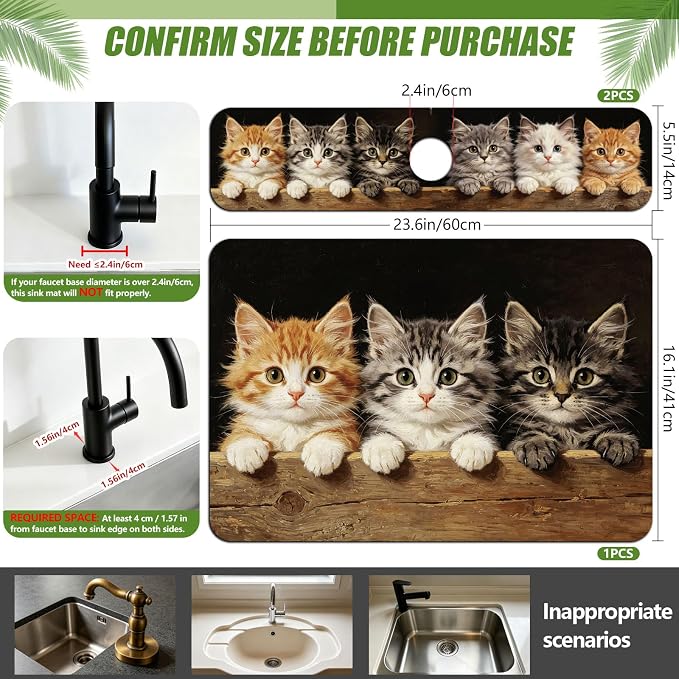 3 Pcs 2 Size Kitchen Sink Splash Guard Faucet Mat Cute Cat Pattern Faucet Mat - Image 2
