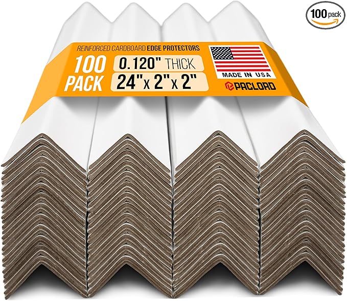 24" x 2" x 2" Reinforced Cardboard Edge Protectors, White (Pack of 100) – 0.12" Thick Medium-Duty Cardboard Corner Protectors for Shipping – American Quality V-Board Pallet Edge Guard