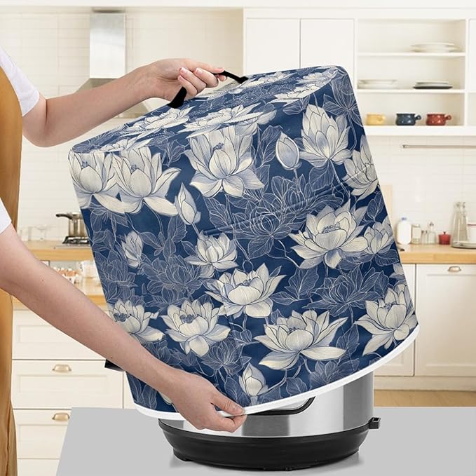 Insulated Pressure Cooker Appliance Cover, Also Fit for Rice Cooker, Air Fryer and Crock Pot, 3 Qt Dust Cover with Pocket for Spoon/Cooking Utensils/Recipes, Machine Washable, Blue Lotus