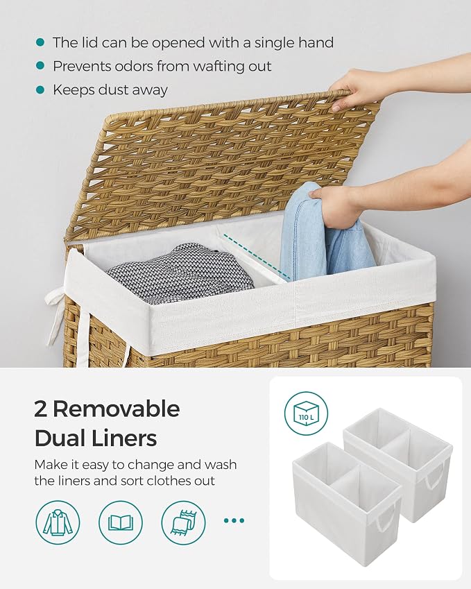 SONGMICS Laundry Hamper with Lid, 110L Double Wicker Basket, 6 Mesh Bags - Image 3