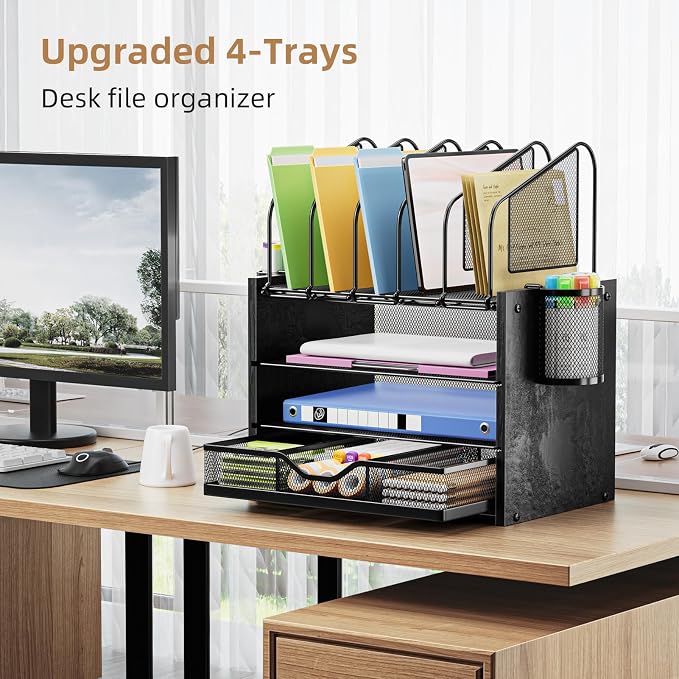 Marbrasse Desk organizer with Drawer, 4-Tier Wooden File Organizer with 5 - Image 3
