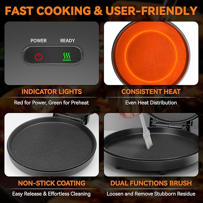 Baker’s Friend Countertop Pizza Maker Electric, 12 Inch Pizza Maker Machine for Home, Quesadilla Maker, Non-stick Cooking Plates,Horno Para Pizza, 1400W, Graphite