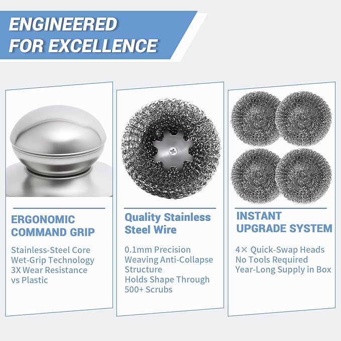 Steel Wool Scrubber with Handle, 5Pcs Stainless Steel Scrubber Set, Metal Pan & Pot Cleaner for Cast Iron, Grill, Stove, Oven, Sink, Stubborn Messes (1 Handle +4 Pads)