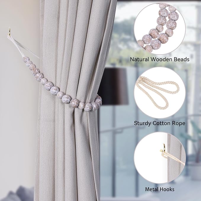 KLOGTSIND Wood Bead Curtain Tiebacks, 6 Pack Curtain Tie Backs - Image 5