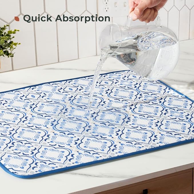 FRESHMINT Dish Drying Mats 2 Pack, Morrocan Tile | Quick Dry, Ultra Absorbent - Image 4