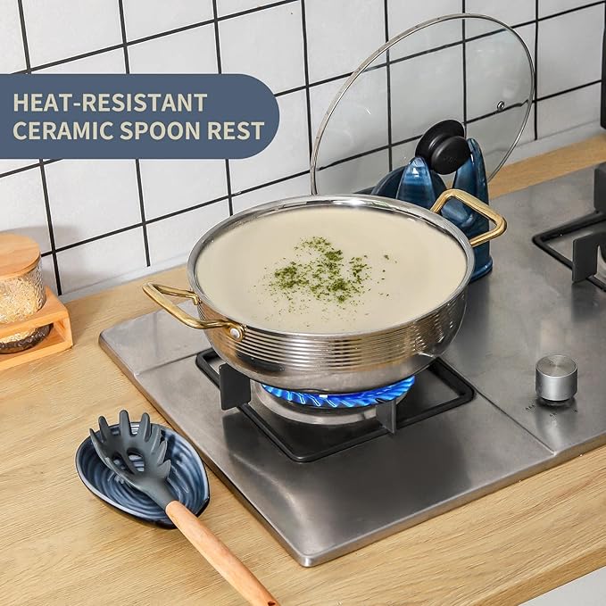 Hasense Spoon Rest Set of 2 for Stove top, Cooking Spoon Holder for Kitchen Counter, Ceramic Utensil Rest for Ladle, Spatula, Tong and Spoon, Heat-Resistant Spatula Holder, Grayish Blue