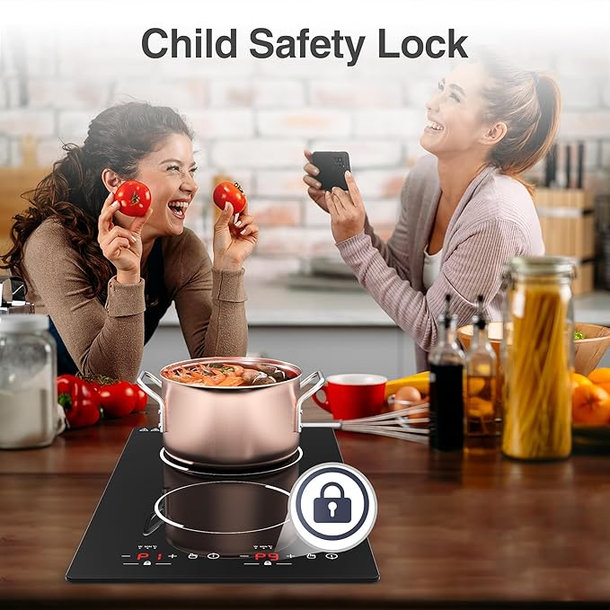 Double Induction Cooktop,110V 2 Burner Induction Cooktop,2300W Electric Stove Top with Independent Control, Ultrathin Body, 9 Temperature, Multiple Power Levels, 2 Hour Timer, Safety Lock