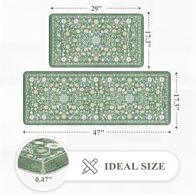 KIMODE Comfort Kitchen Mats for Floor Cushioned Anti Fatigue,Farmhouse Floral Spring Kitchen Rugs Sets of 2 Non Slip,Memory Foam Standing Carpet for Laundry Sink Office,Green