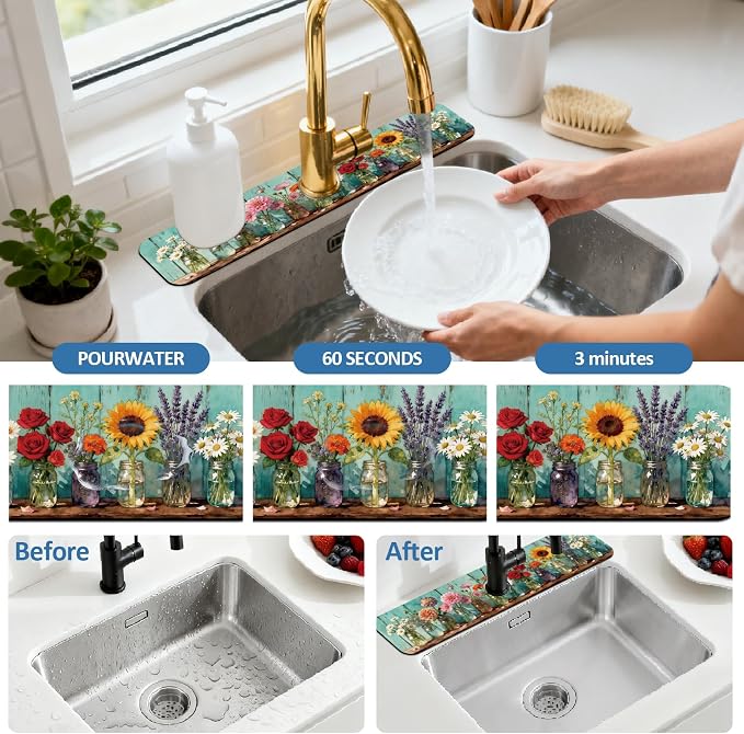 2 Pcs Kitchen Sink Splash Guard Faucet Mat Colored Glass Vases - Image 5