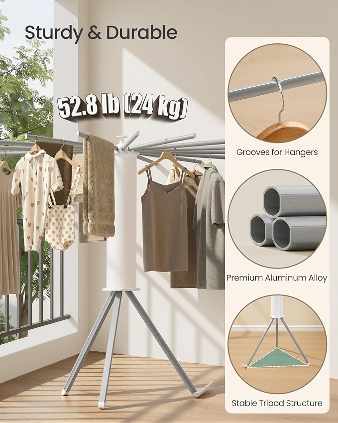 SONGMICS Clothes Drying Rack Foldable, Rotary Tripod Laundry Drying Rack - Image 4