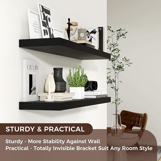 Floating Shelves for Wall 36"W x 7.8"D x 1.5"H, Engineered Wood Wall Shelves with Invisible Brackets for Living Room Bedroom Bathroom Office Kitchen Decor and Storage, Black Finish, Set of 2
