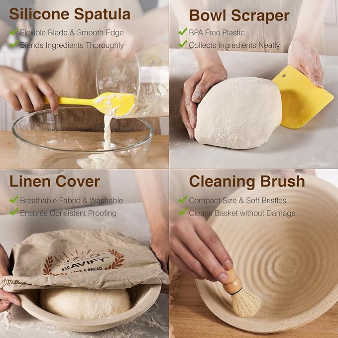 Wood Pulp Banneton Bread Proofing Basket Set, Banneton Basket Kit, Sourdough Bread Baking Supplies Making Tool (Round Banneton Basket Set)