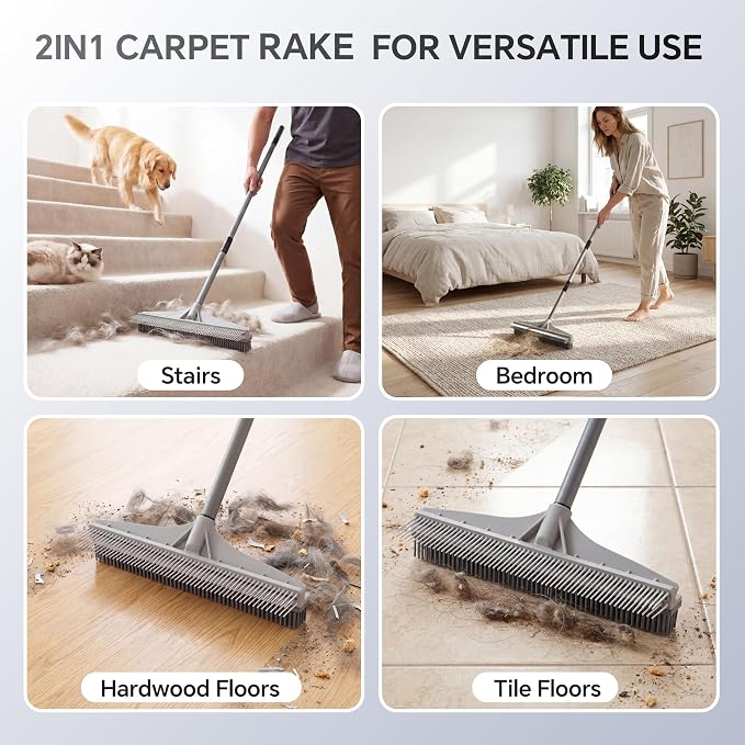 Walensee Carpet Brush for Pet Hair Removal, 2 in 1 Carpet Rake & Rubber Broom - Image 8