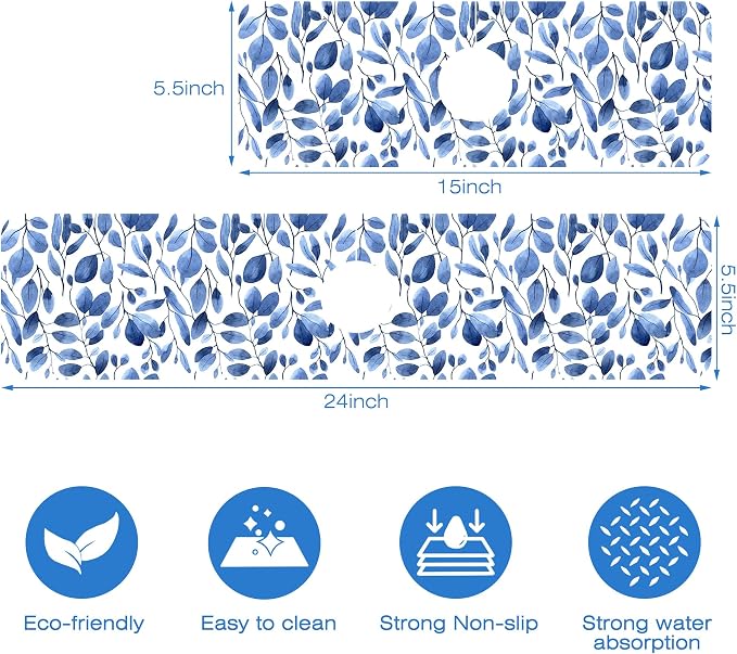 Watercolor Blue Leaves Sink Faucet Absorbing Mat Sink Splash Guard Faucet Mat - Image 3