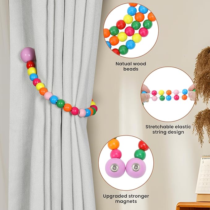 KLOGTSIND Magnetic Curtain Tiebacks, 6 Pack Wood Bead Curtain Holdbacks - Image 5