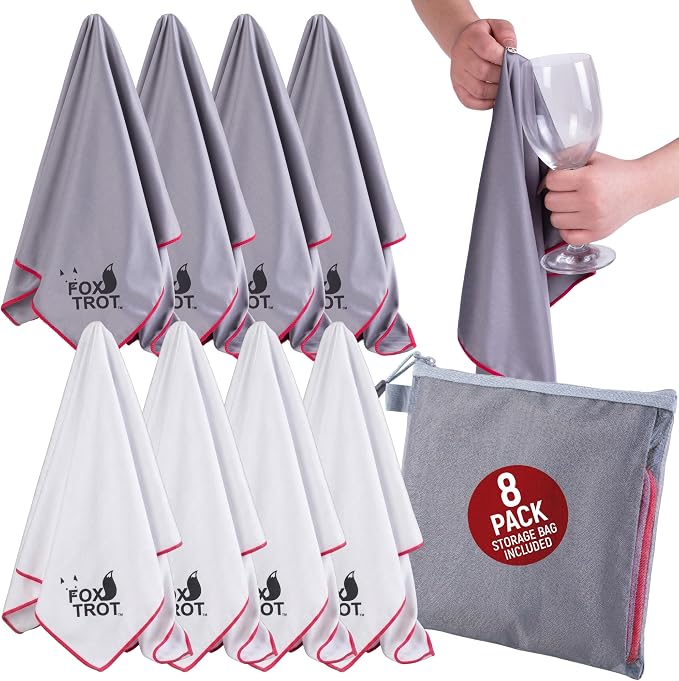Fox Trot Wine Glass Polishing Cloths, 8 Pack, Storage Pouch Included by FoxTrotLiving