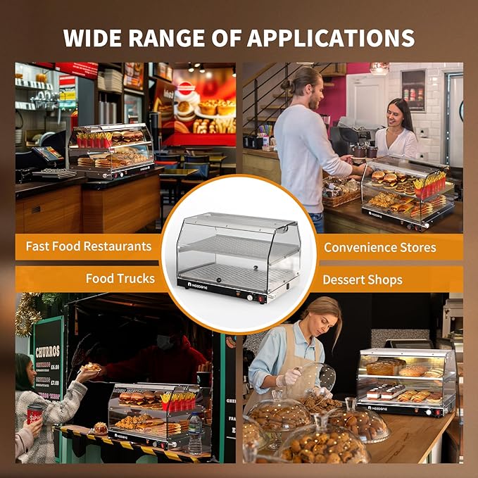 NEEDONE Commercial Food Warmer, Electric Pizza Food Heater Display Cabinet w/Adjustable Temperature, LED Lighting, Removable Racks, Countertop Pastry Display Case for Cafes, Buffet, Parties