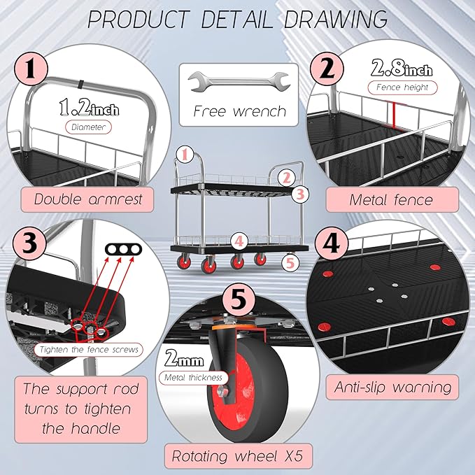 Utility Service Cart 2 Shelf - 880lbs Capacity Heavy-Duty Plastic Rolling Utility Carts with 5 of 360° Swivel Wheels and Handle, Large Service Cart for Groceries, Warehouse,Garage 43.5''x25.6''