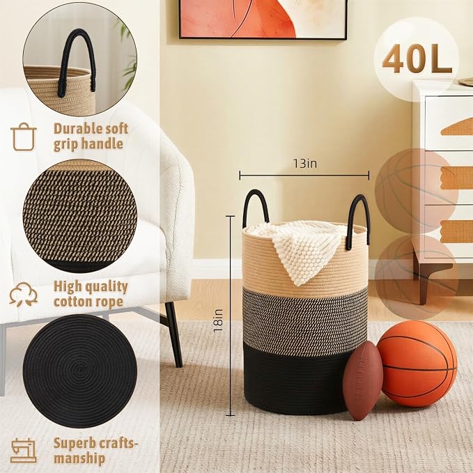 Artfeel Laundry Basket, Woven Cotton Rope Laundry Hamper, 40L - Image 6