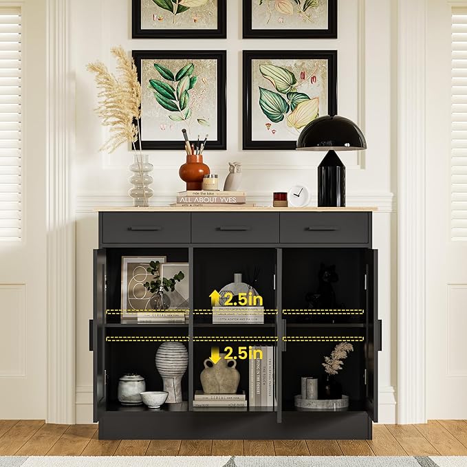 Anystyle 45" Black Buffet Cabinet with Storage, Kitchen Sideboard with 3 Drawers & 3 Doors, Modern Coffee Bar Cabinet Credenza Console Table for Dining Room, Living Room, Hallway