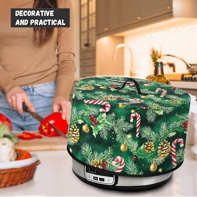 Holly Candy Cane Pinecone Print Slow Cooker Cover with Storage Pocket Stain Resistant Slow Cooker Cover for Kitchen Christmas Decor Extra Accessories Fit 6/7/8 Quart Electric Oval Crock Pot