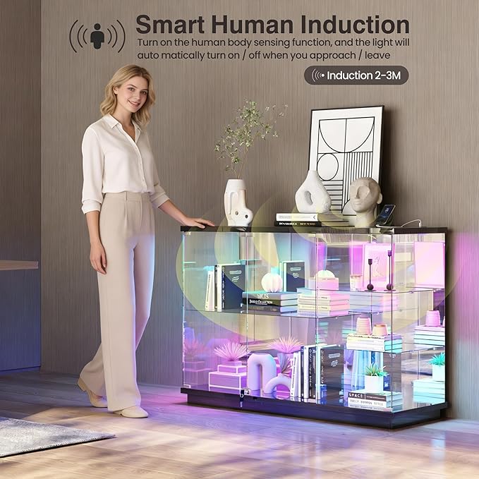 Lvifur RGB Glass Display Cabinet - with Lock, High Gloss Sideboard with Human Body Sensor & Glass Shelves for Toys, Books, Collectibles, Liquor, Bookcase for Living Room, Kitchen, Study, Black