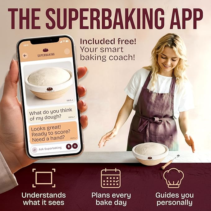 Superbaking Banneton Bread Proofing Basket Set with Silicone Dough Sling, 9" Splinter-Free Proofing Basket, Non-Stick Dutch Oven Liner, Sourdough Starter Kit, Sourdough Bread Baking Supplies & Tools