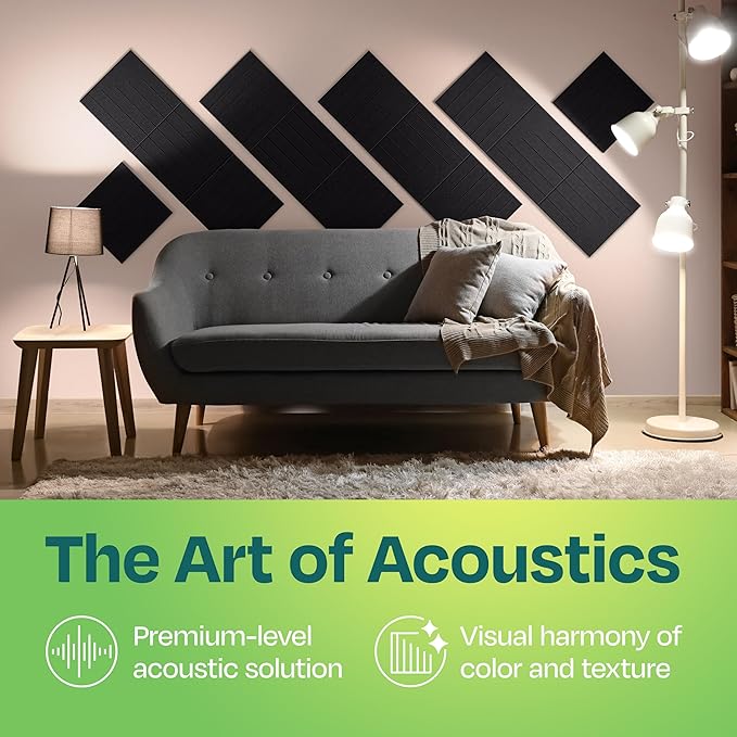Acoustic Panels 12-Pack Soundproof Wall Panels 12"x12"x0.4" Decorative Sound Dampening for Your Home, Office, Studio, Bedroom & More with Unique LineWave Carving [Deep Black]