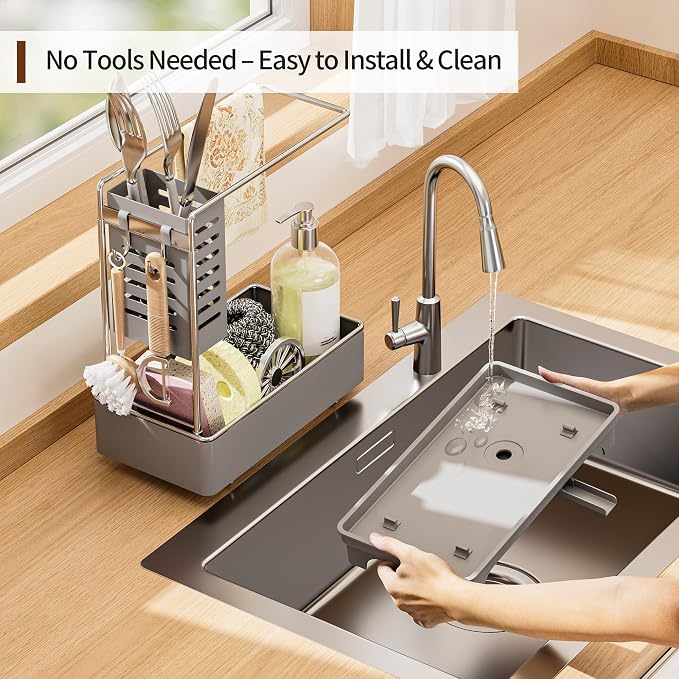 MOUKABAL 2-Tier Sponge Holder for Kitchen Sink, Sink Caddy Organizer Grey - Image 5