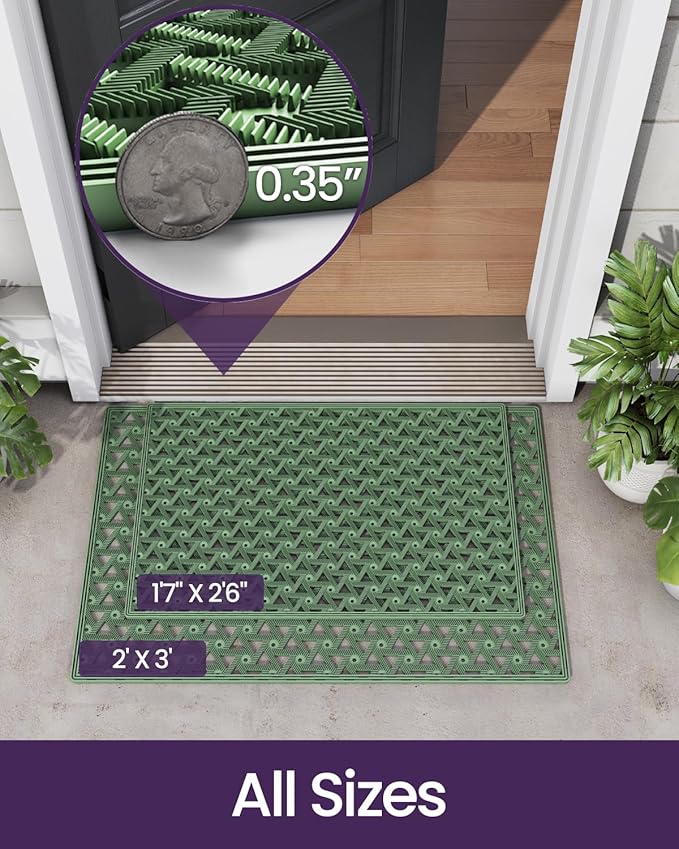 DEXI Front Door Mat Outside Entrance Rubber 19x30, Welcome Floor Doormat Heavy Duty Non Slip, Dirt Trapper Waterproof Exterior Entry Mats All Weather for Patio Entryway Drainage, Green