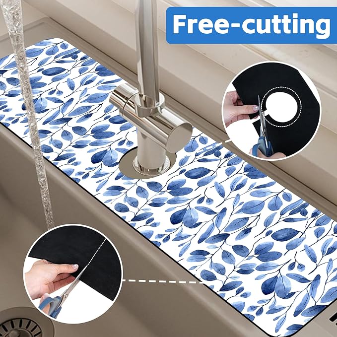 Watercolor Blue Leaves Sink Faucet Absorbing Mat Sink Splash Guard Faucet Mat - Image 7