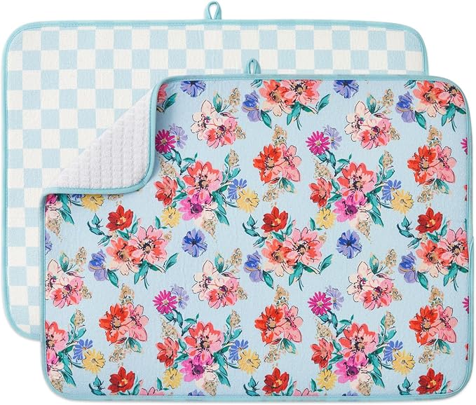 FRESHMINT Dish Drying Mats 2 Pack, Checkerboard Floral | Quick Dry, Ultra by FRESHMINT