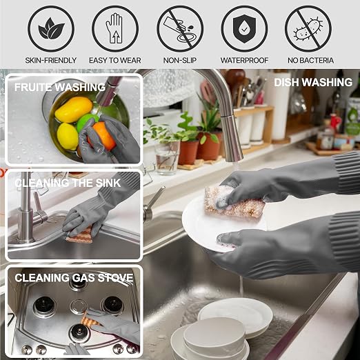 Mamison Rubber Dishwashing Gloves, Non-Slip Kitchen, 3 Pairs | Korean natural - Image 3