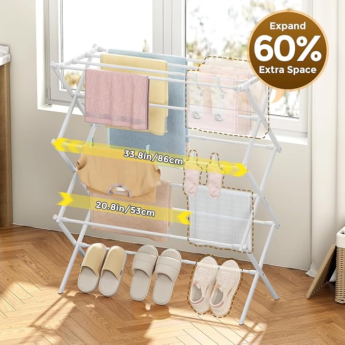 KINGBOARD 3-Tier Extendable Clothes Drying Rack, Small & Foldable, Space-Saving - Image 2
