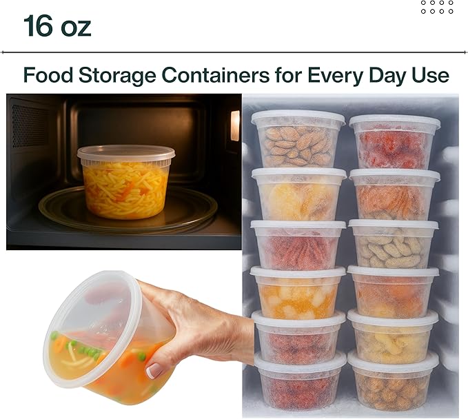 16oz [24 set] Heavy Duty Plastic Deli Container | BPA-Free Food Storage with Airtight Leak‑Proof Lids | Microwave, Freezer & Dishwasher Safe – Stackable, Bulk Reusable Soup & Meal Prep Tub