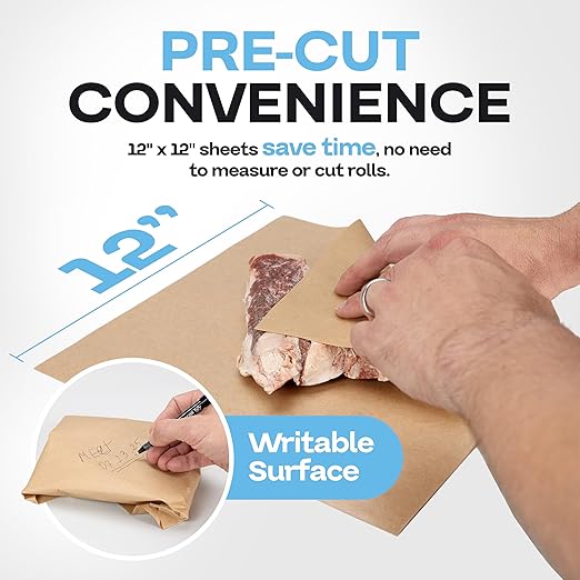 Brown Freezer Paper Sheets 12" x 12", Pack of 50 - USA-Made Paper Sheets for Long-Term Freezing of Meat & Fish - Freezer Pads for Quilting - Bakery Tissue Wraps for Food Storage by IDL Packaging