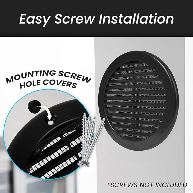 Repa Market 6 Inch (Opening) Black Round Air Vent Cover - Pack of 5 Plastic Fresh Air Intake Vent - AC Cover with Nylon Mesh Screen - Wall, Ceiling HVAC Return Air Register - Modern Soffit Vents