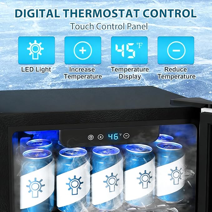 48 Can Beverage Refrigerator,12 Bottle Wine Cooler with Seamless Stainless Steel & Glass Door, Digital Temperature Display, Countertop Mini Fridge for Soda, Wine or Beer, Silver